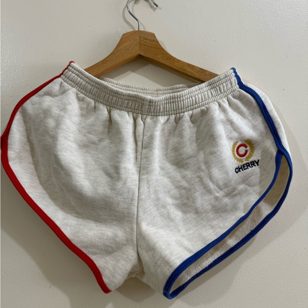 CHERRY Logo White Athletic Shorts with Red & Blue Trim